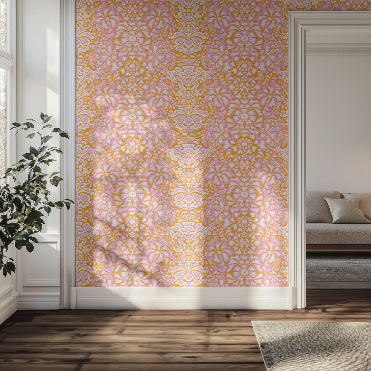 Hallway with bright pink and orange floral wallpaper, wooden floor, and a plant.