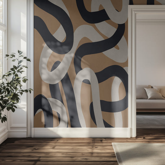 Modern room with abstract line art wall art and a couch.