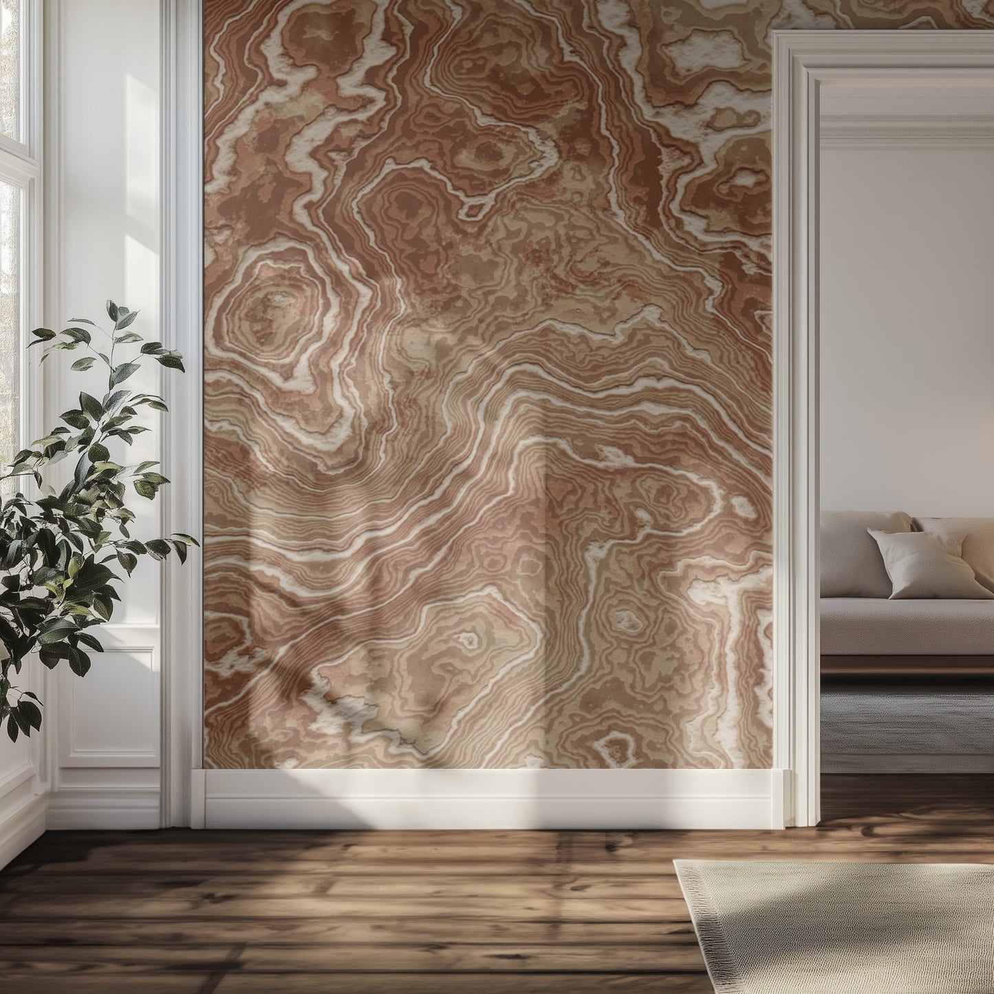 Room interior with a brown marble-patterned wall and a plant.