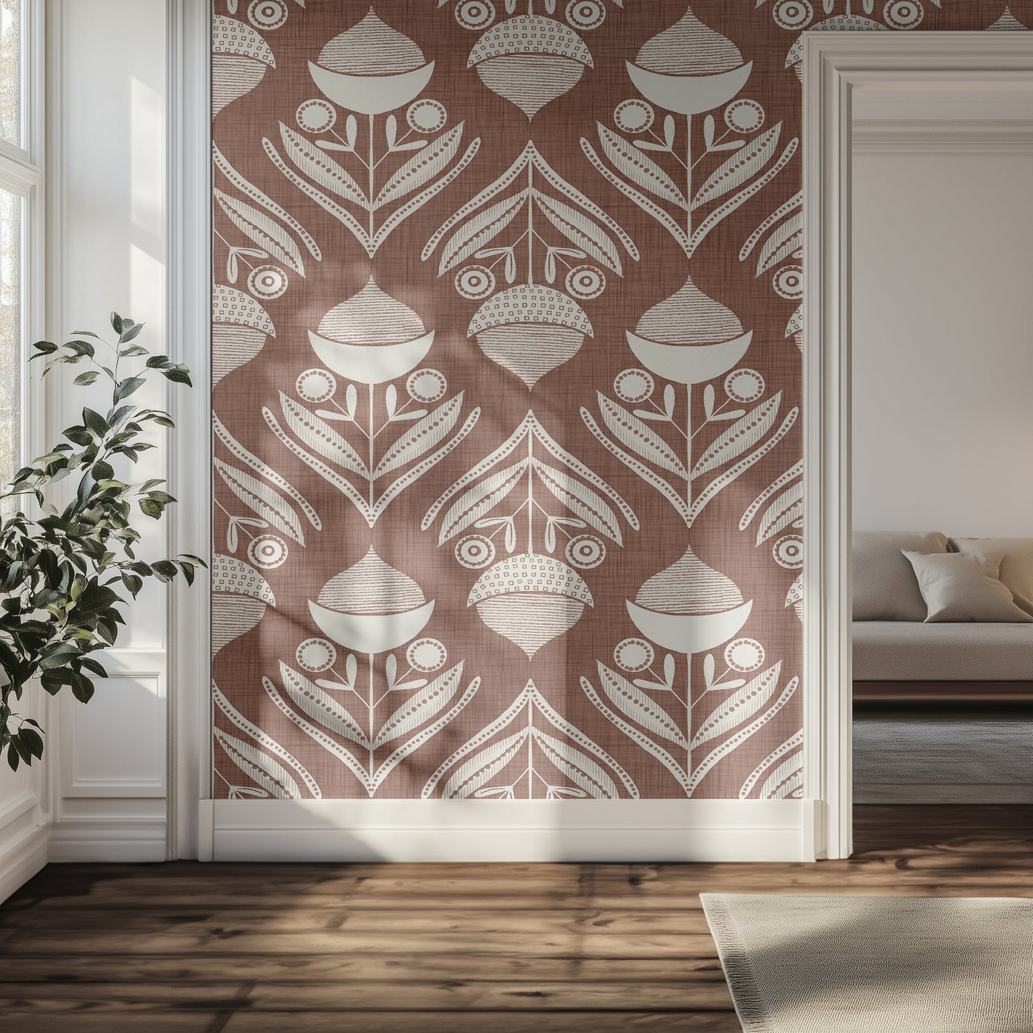 Hallway with brown and white textured wallpaper pattern of acorns and leaves, with soft natural light.