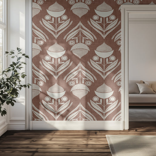 Hallway with brown and white textured wallpaper pattern of acorns and leaves, with soft natural light.
