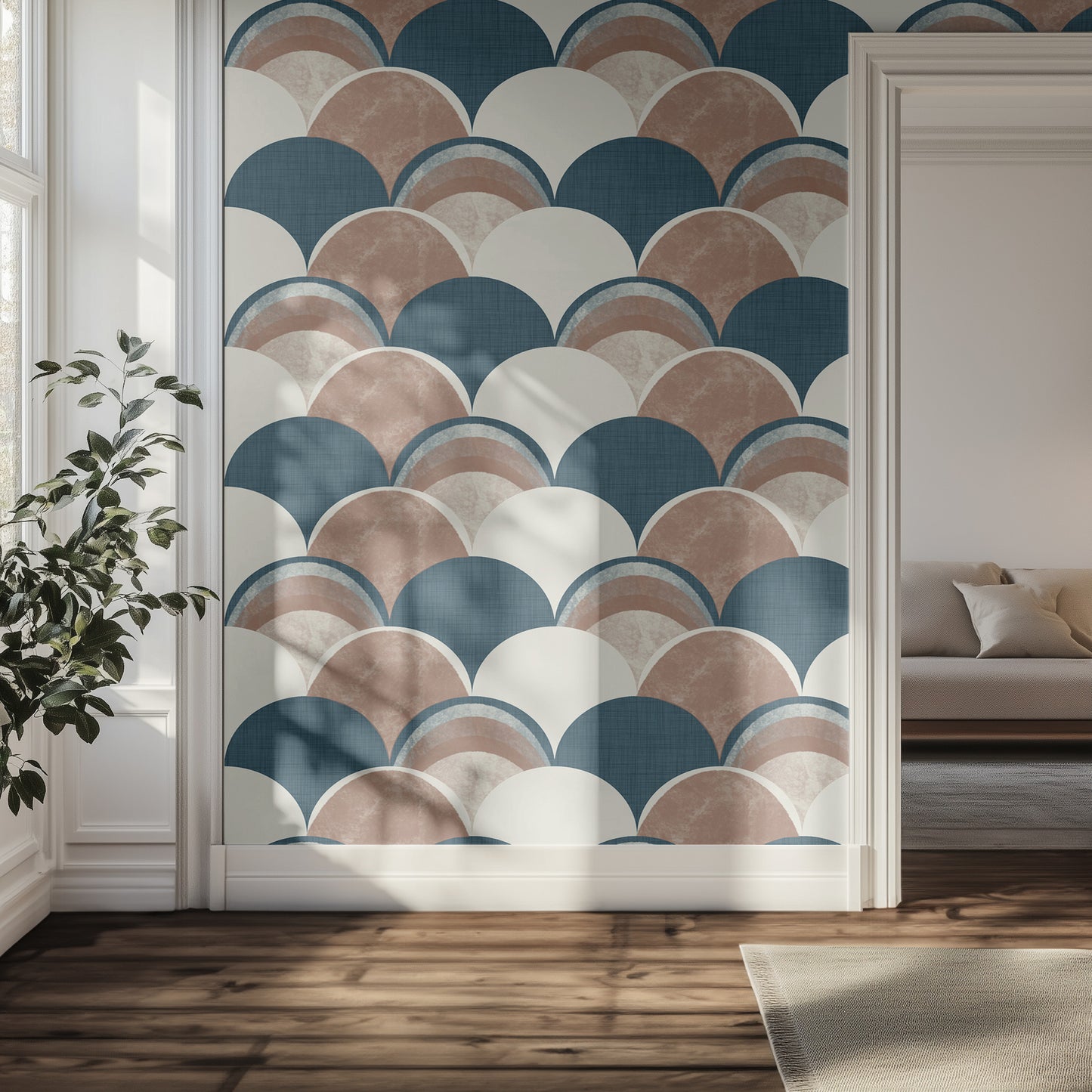Modern hallway with a textured, blue and brown, geometric patterned wall, plant, and sofa.