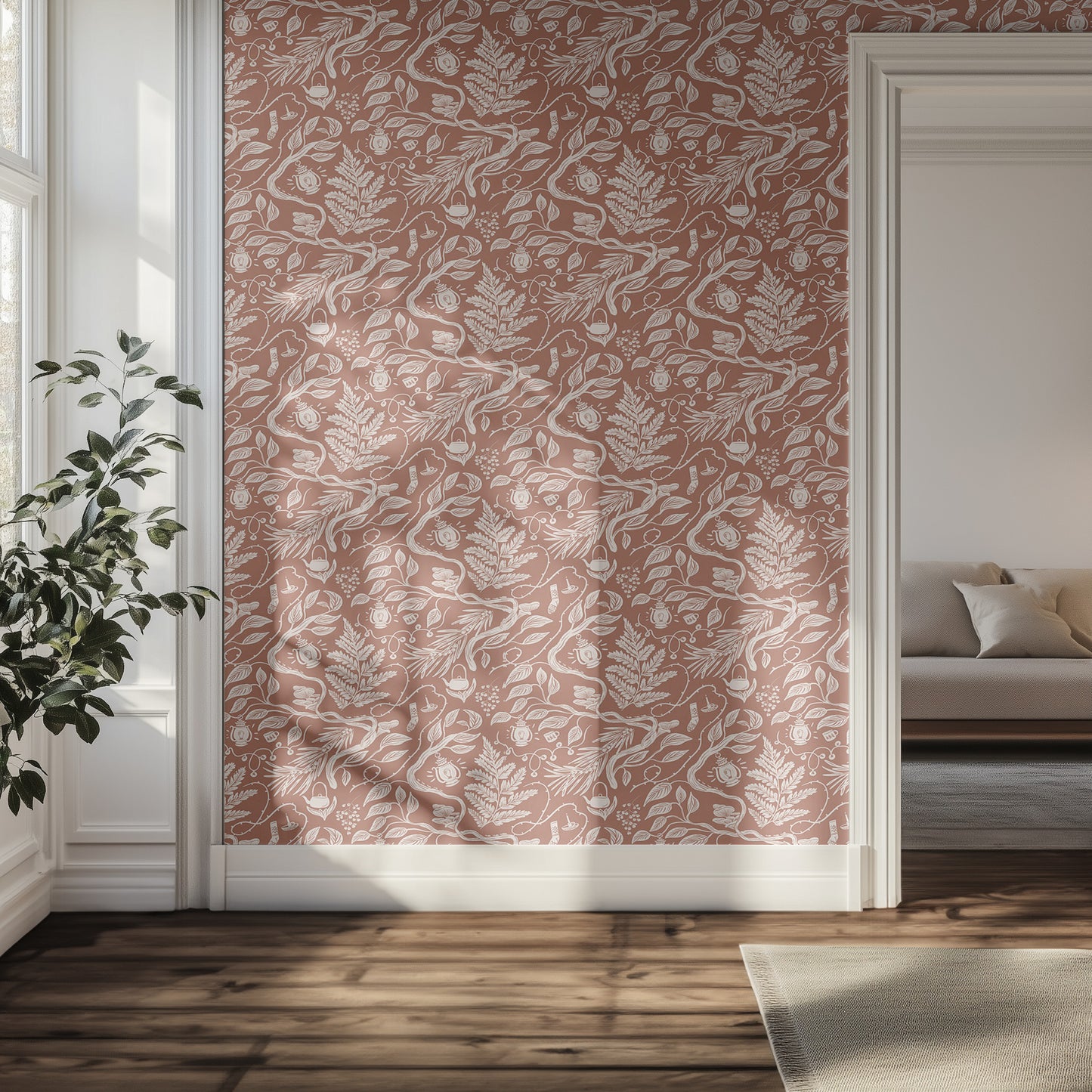 Hallway with brown and white patterned boho wallpaper, plant, and sofa.