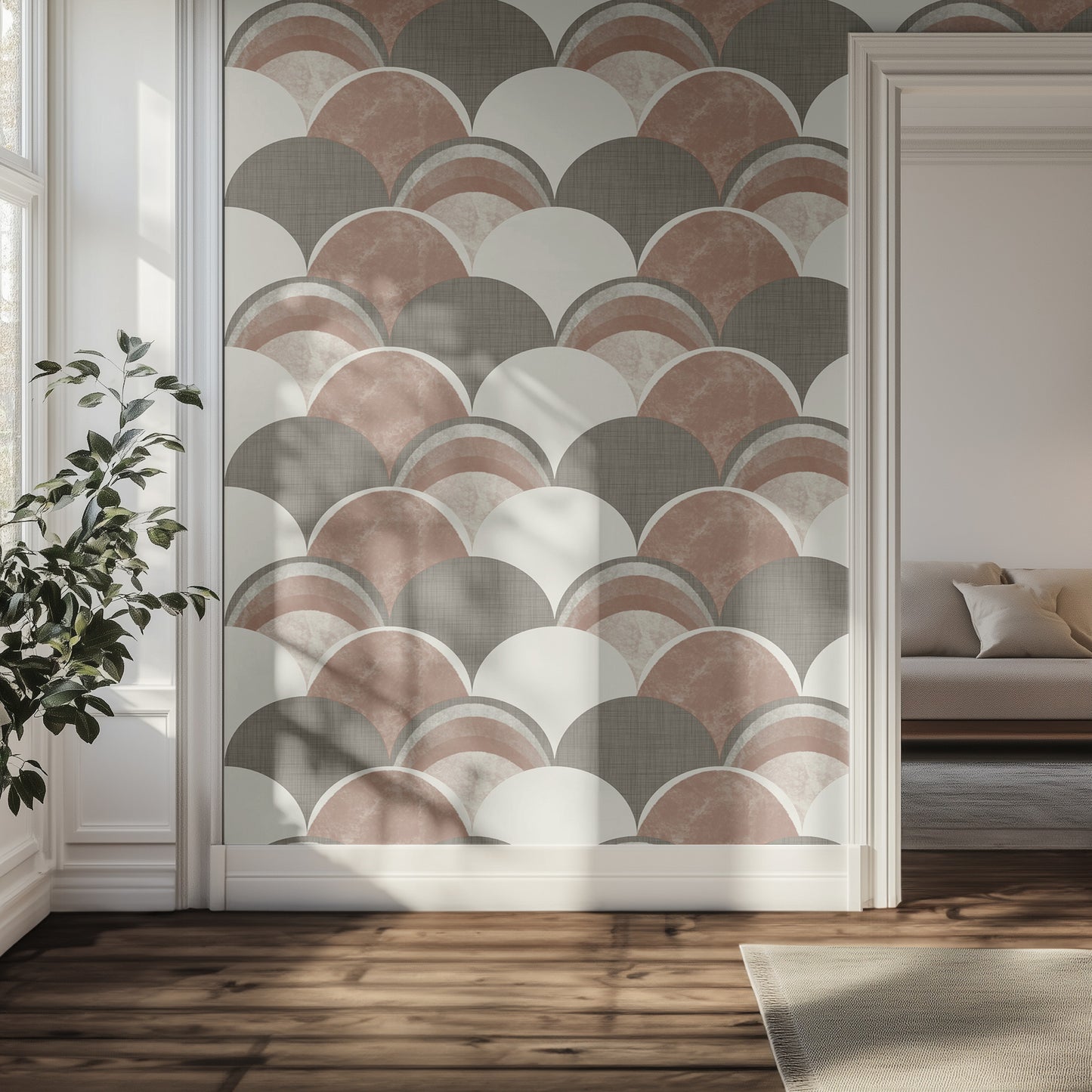 Modern hallway with a textured, tan and muted green, geometric patterned wall, plant, and sofa.