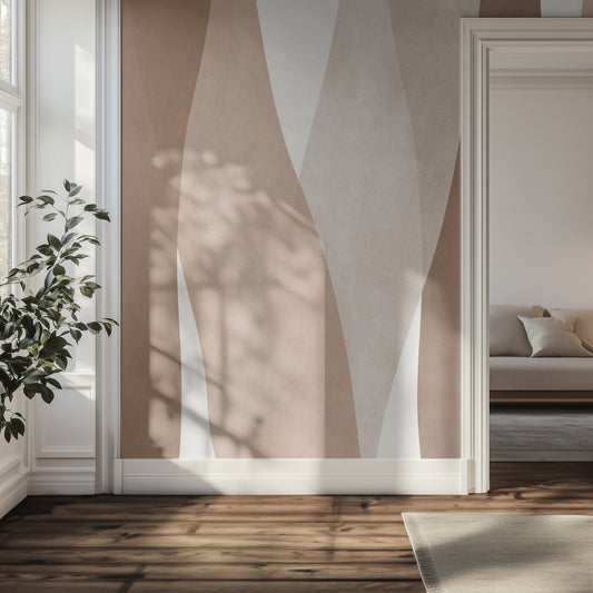 Modern interior with neutral abstract wall art and a plant