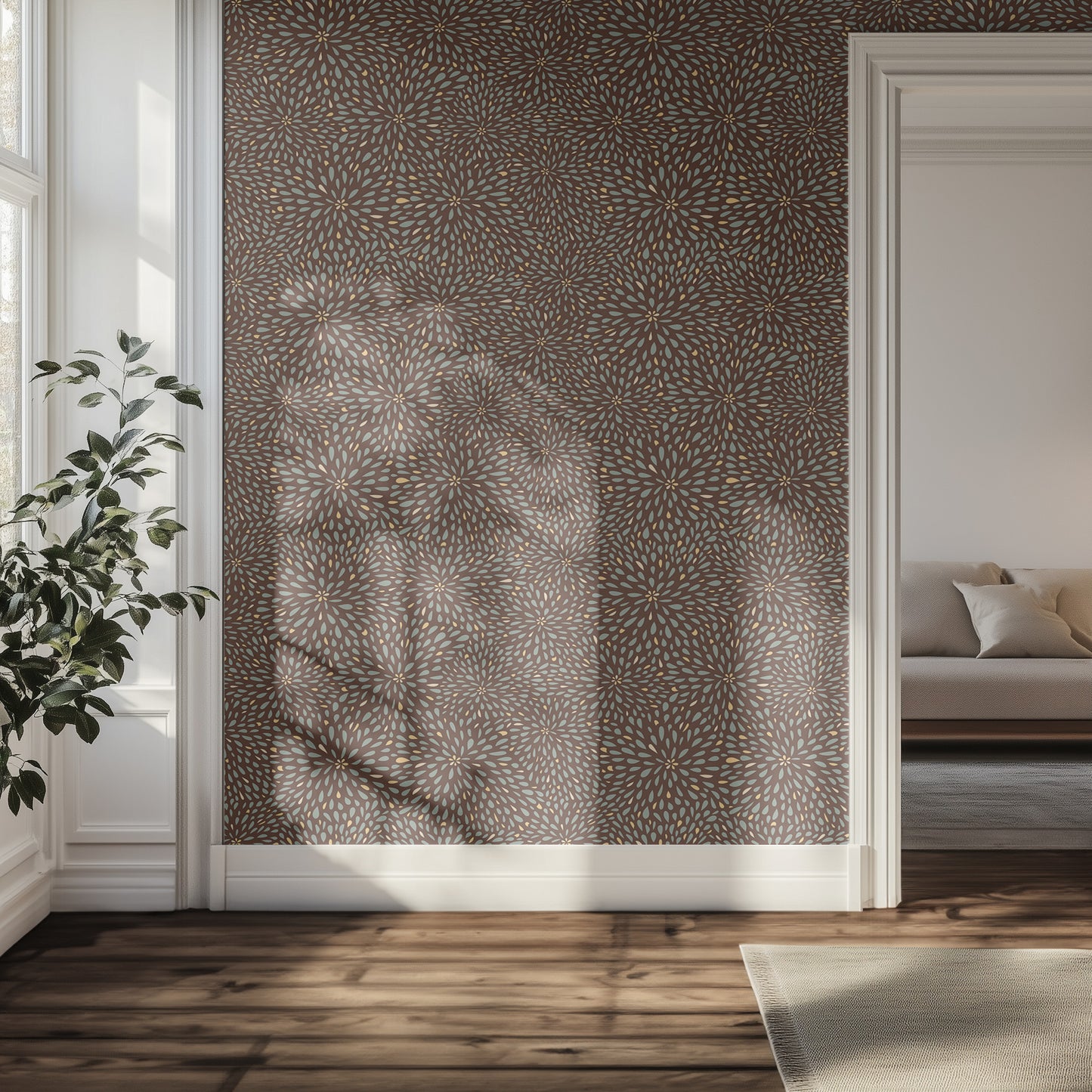 Hallway wall with textured, floral petal burst wallpaper pattern, hardwood floors, and soft natural lighting.
