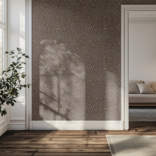 Hallway wall with textured, floral petal burst wallpaper pattern, hardwood floors, and soft natural lighting.