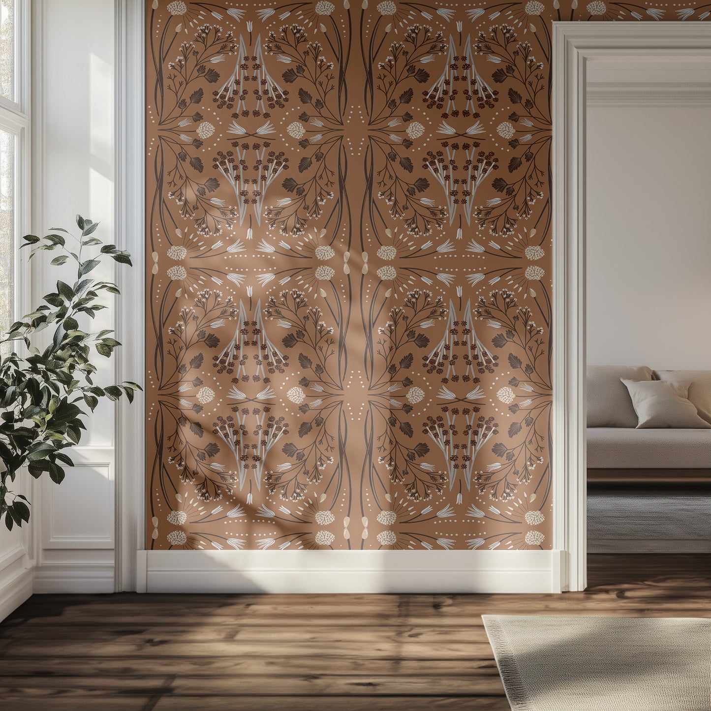 Decorative wallpaper with intricate patterns on a brown background in a hallway.