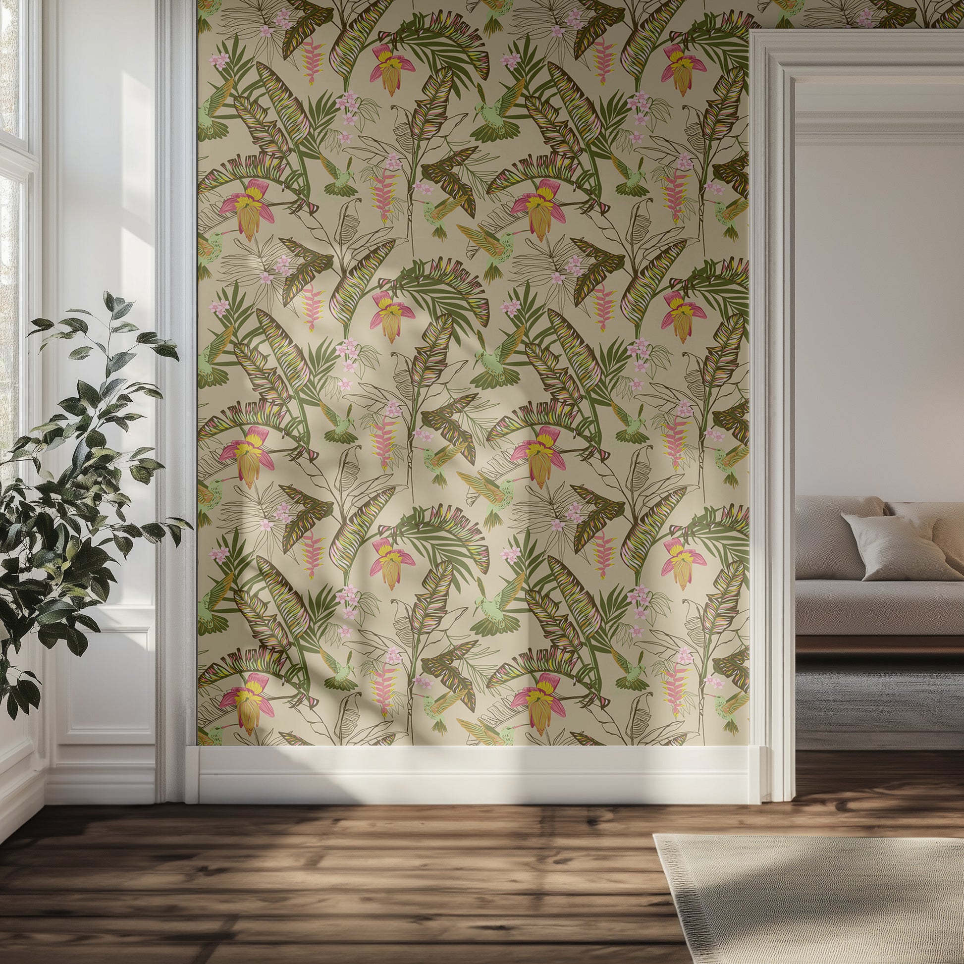 Hallway with a decorative wallpapered wall featuring a tropical floral and leaf pattern.