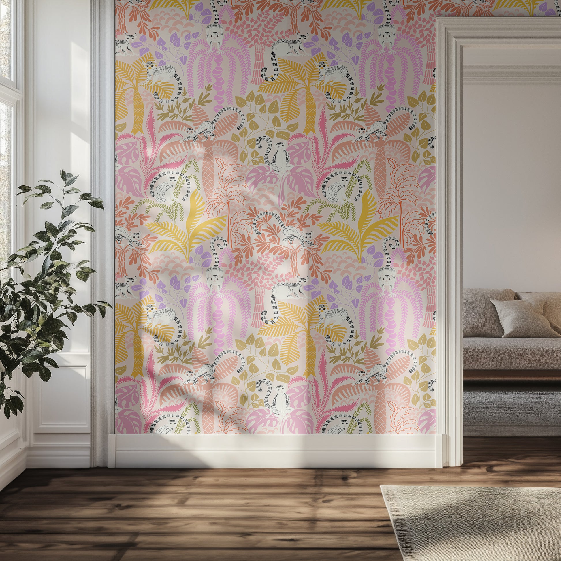 Hallway with a wall featuring a colorful jungle wallpaper pattern.