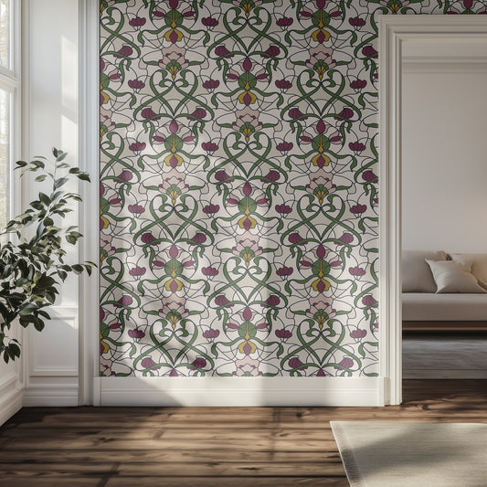 Hallway with a stained glass floral patterned wall.