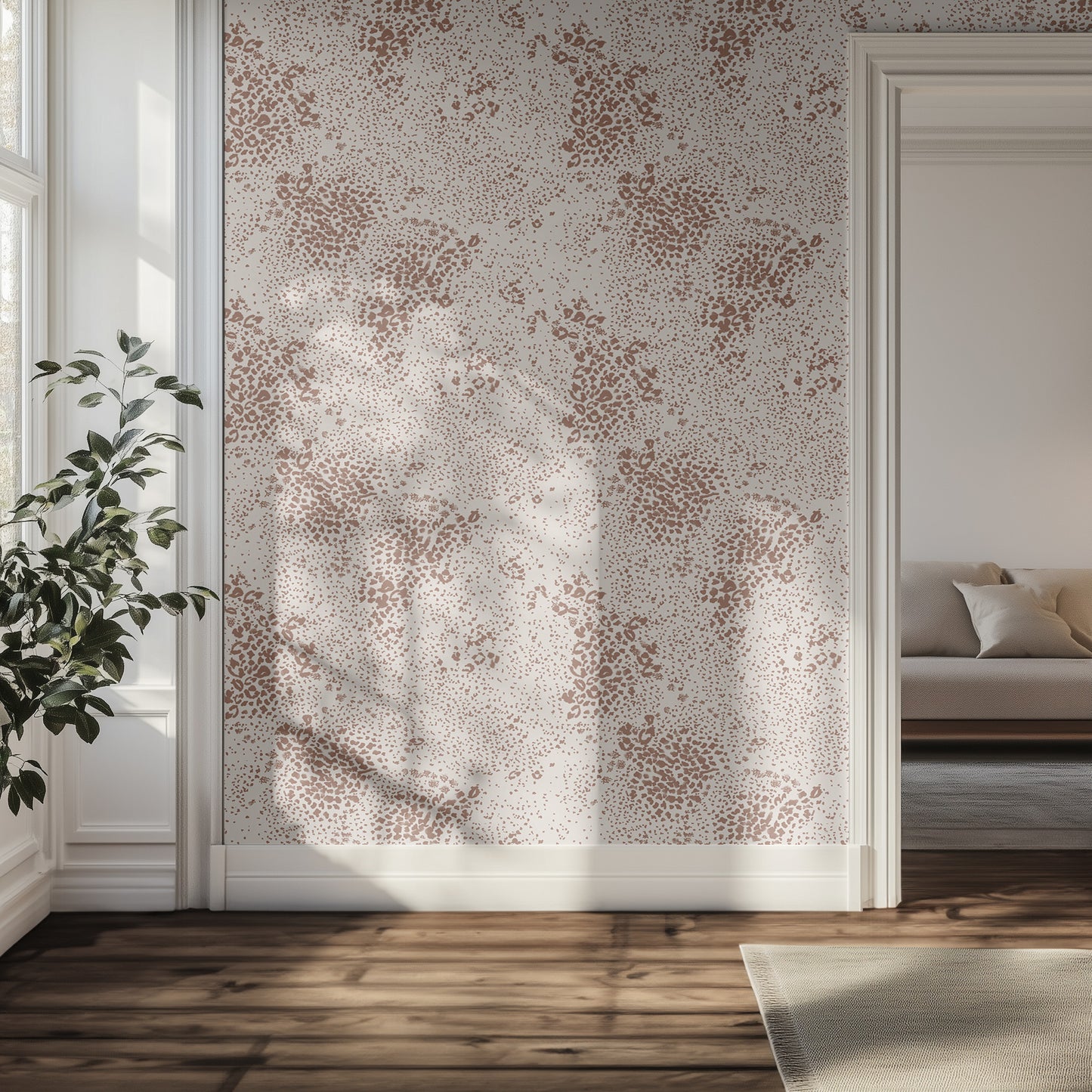 Room interior with a decorative wall panel with animal print wallpaper and a couch in the background