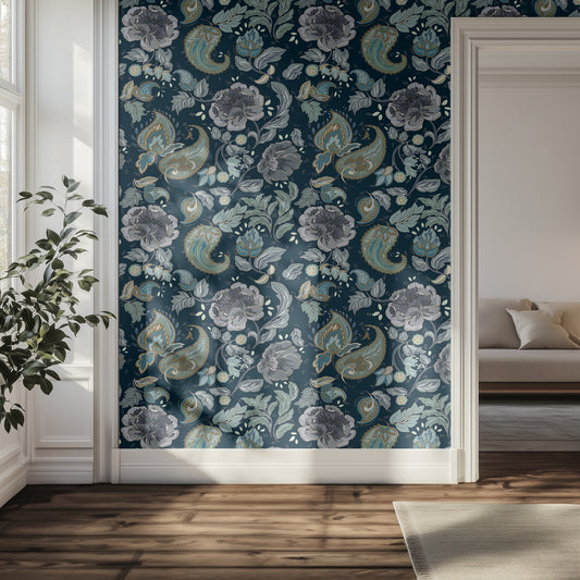 Room interior with floral and paisley patterned wallpaper.