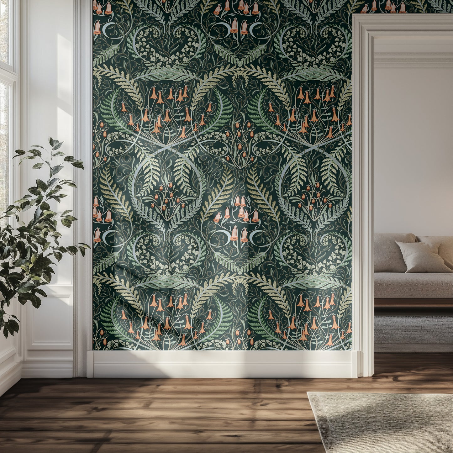 Hallway with an ornate botanical wallpaper pattern of orange bell flowers, ferns, on a dark green background