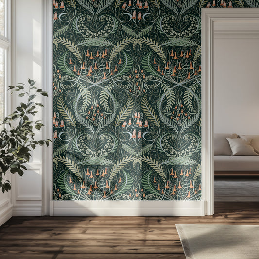 Hallway with an ornate botanical wallpaper pattern of orange bell flowers, ferns, on a dark green background