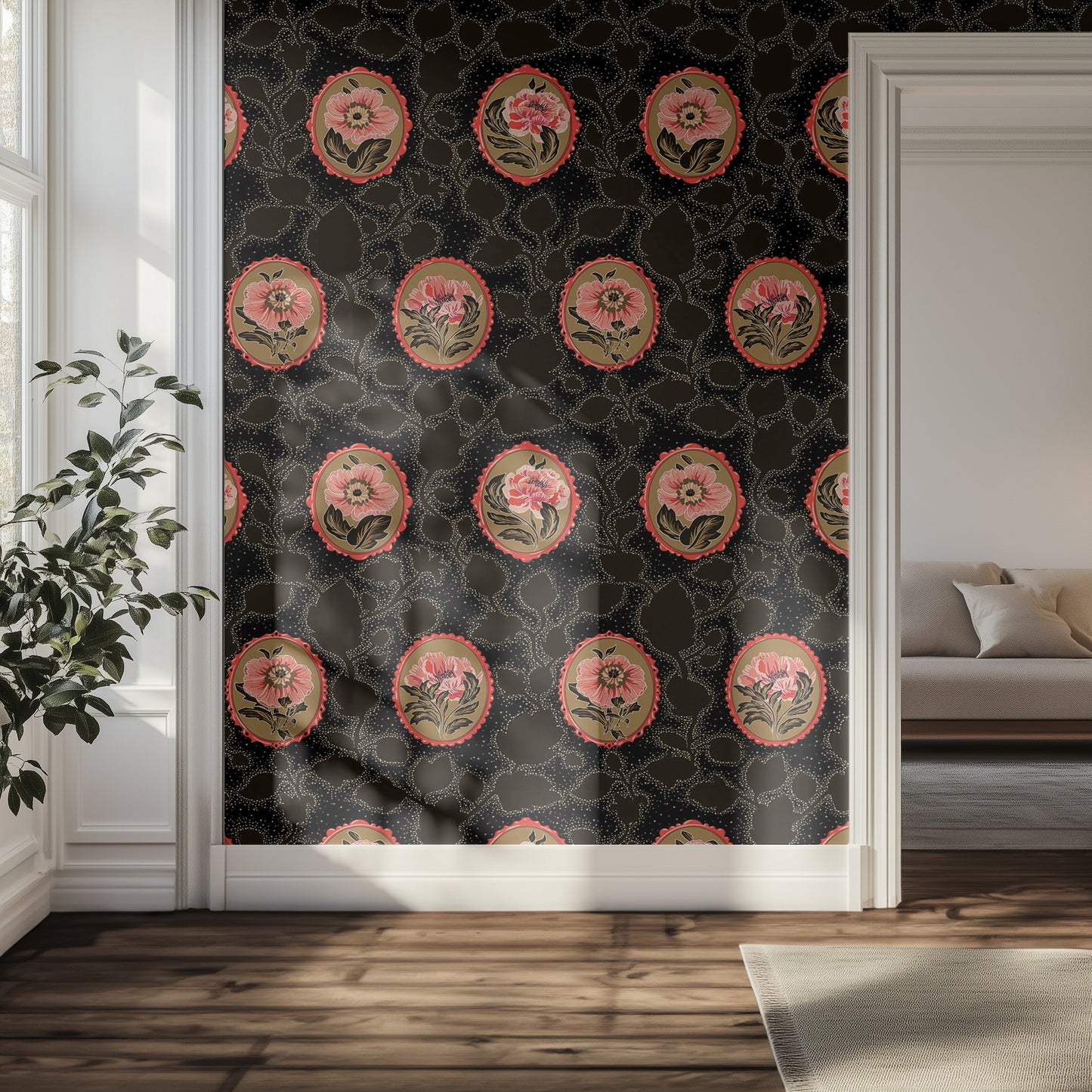 Decorative floral wallpaper in a room with a couch and plant