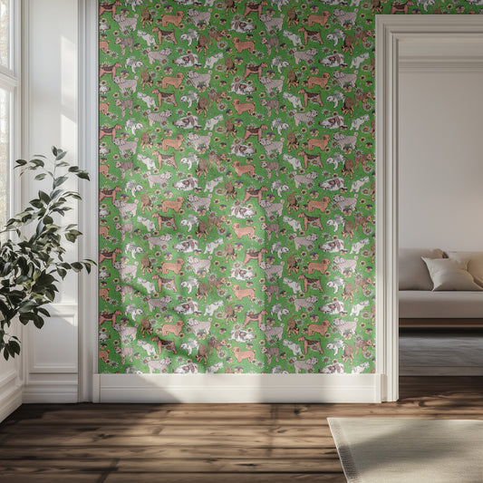 Wallpaper with dog pattern on a green background in a hallway with a couch in the background and plant.
