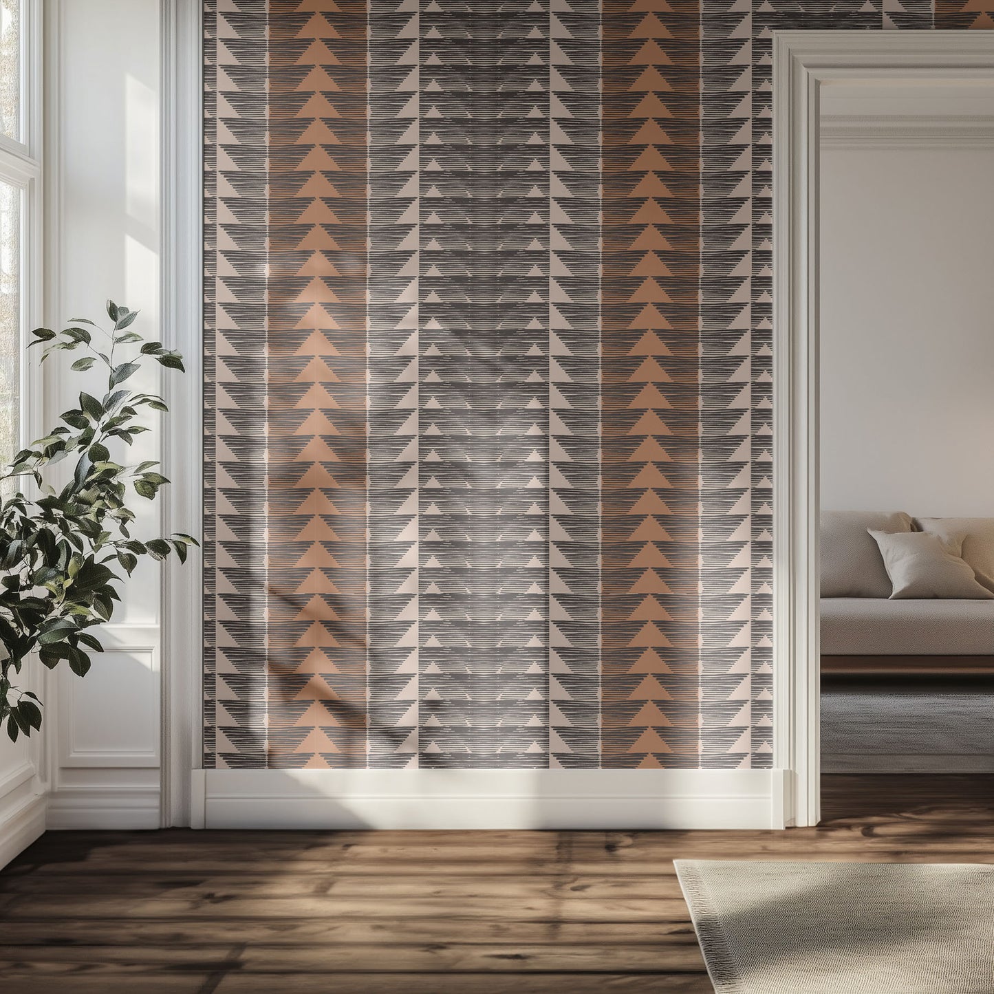 Warm boho geometric wallpaper pattern in a hallway.