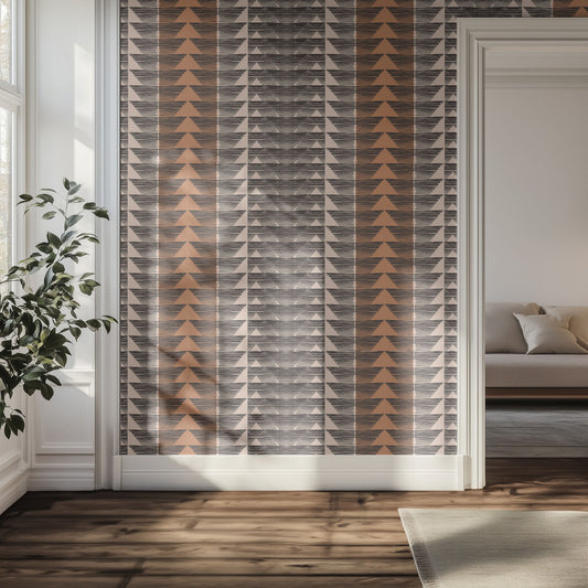 Warm boho geometric wallpaper pattern in a hallway.