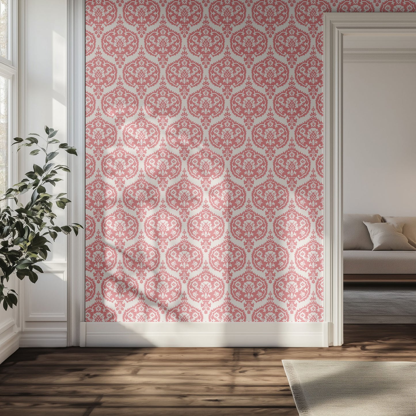 Hallway with pink and white damask wallpaper, wooden floor, and a plant.