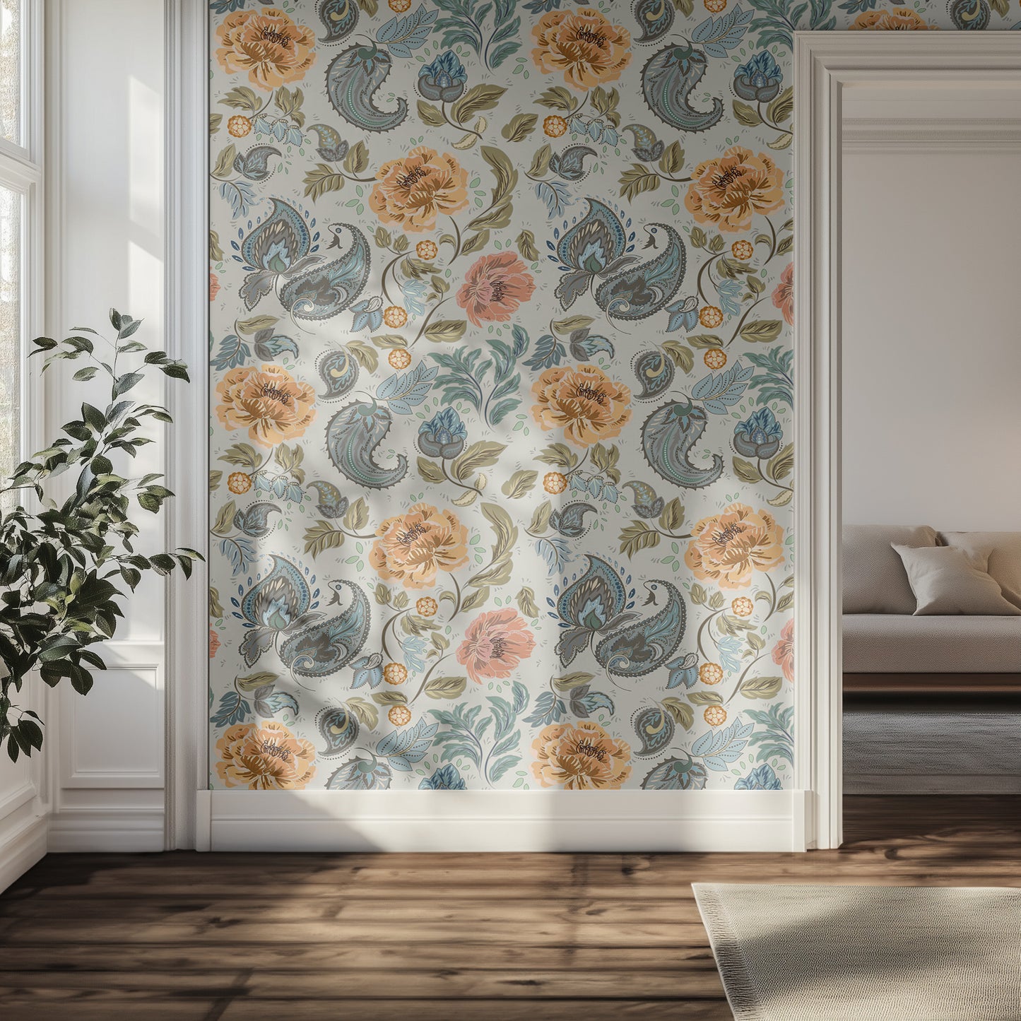 Hallway with light, muted floral and paisley patterned wallpaper.