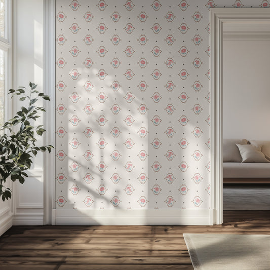 Living room with a delicate floral wallpaper, plant, and sofa