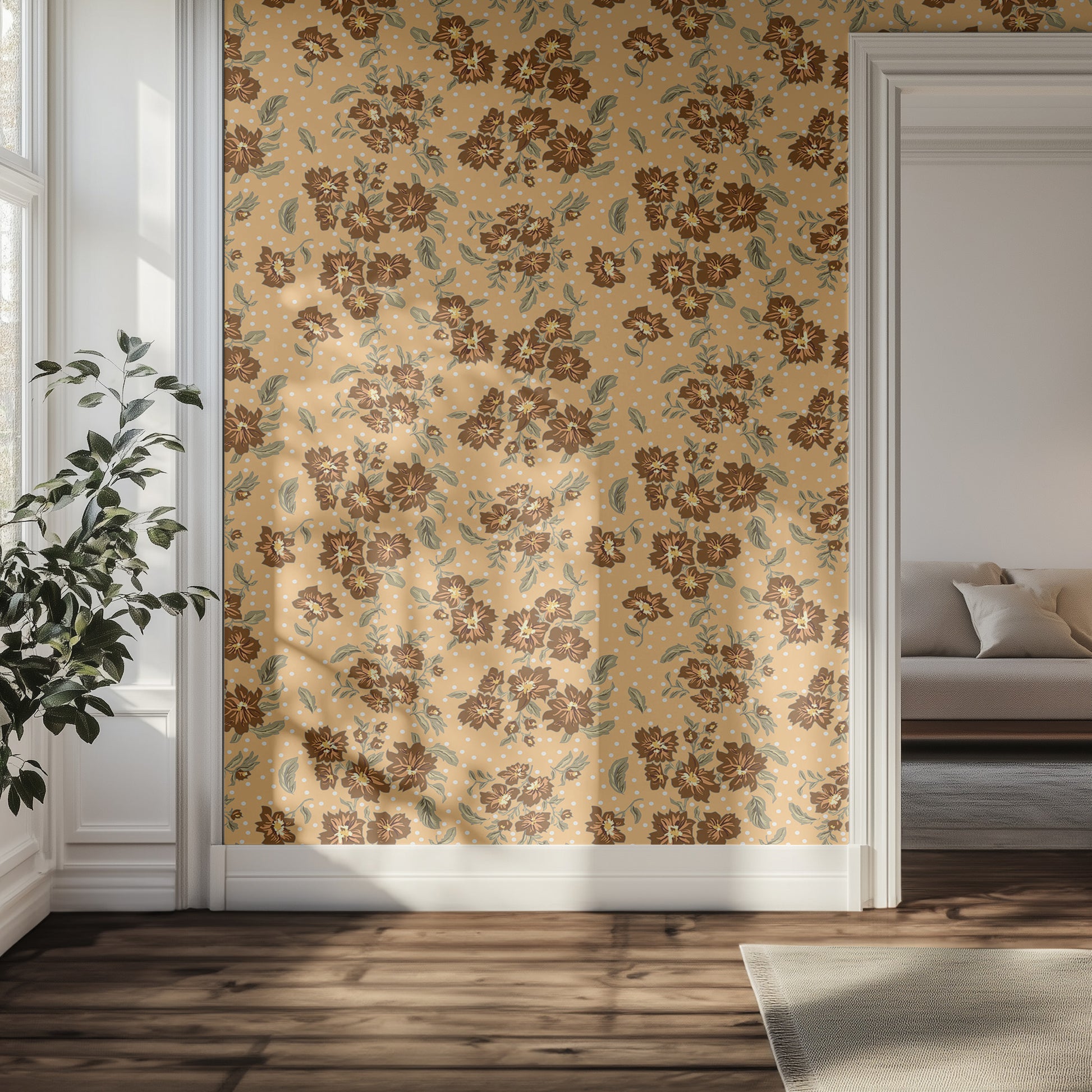 Brown and yellow floral patterned wallpaper in a hallway with a couch and plant.