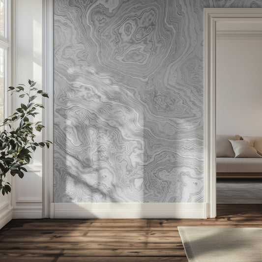 Living room with a marble textured wall mural and a plant