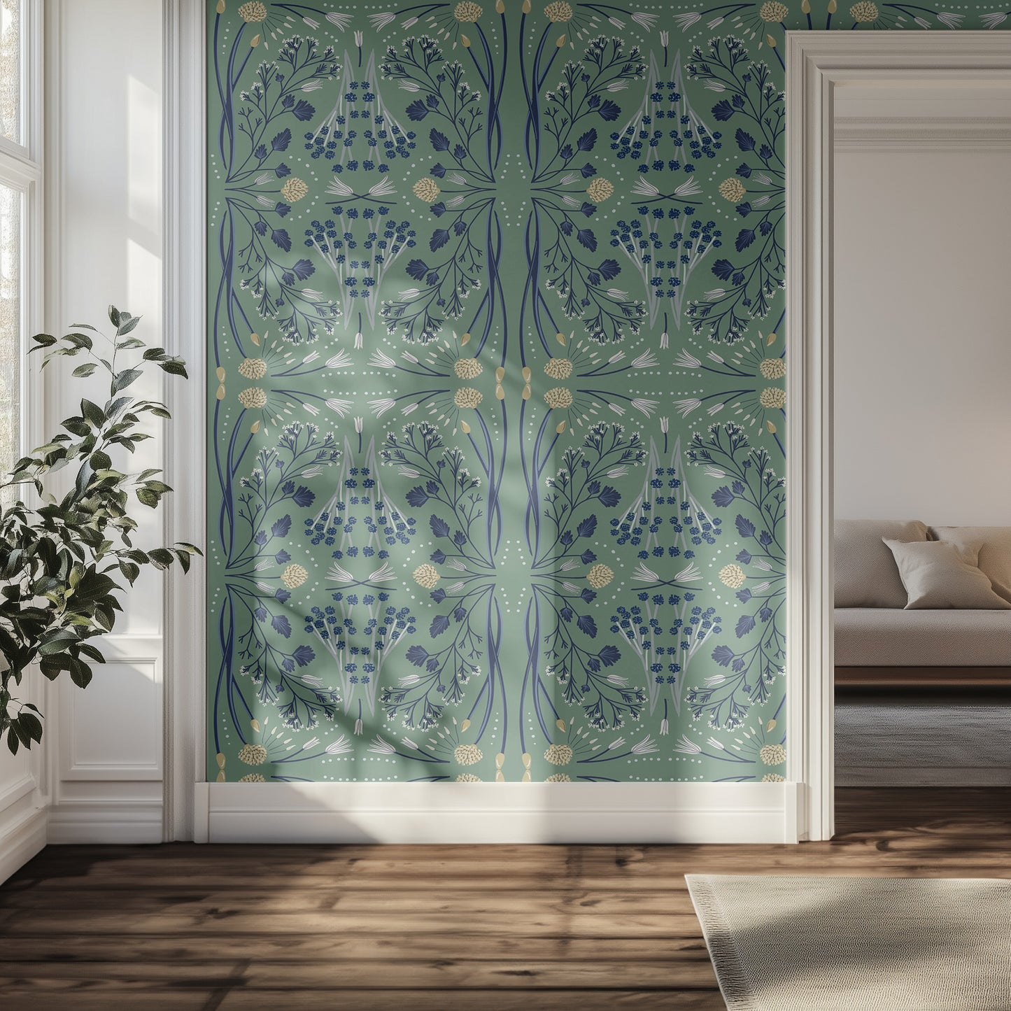 Living room with decorative wallpaper featuring a blue and white on green pattern.