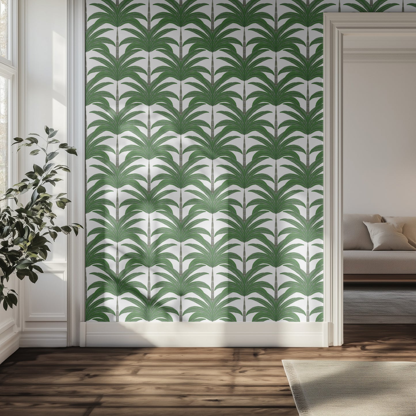 Hallway with green palm tree patterned wallpaper.