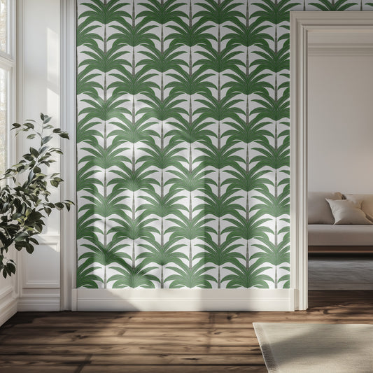 Hallway with green palm tree patterned wallpaper.