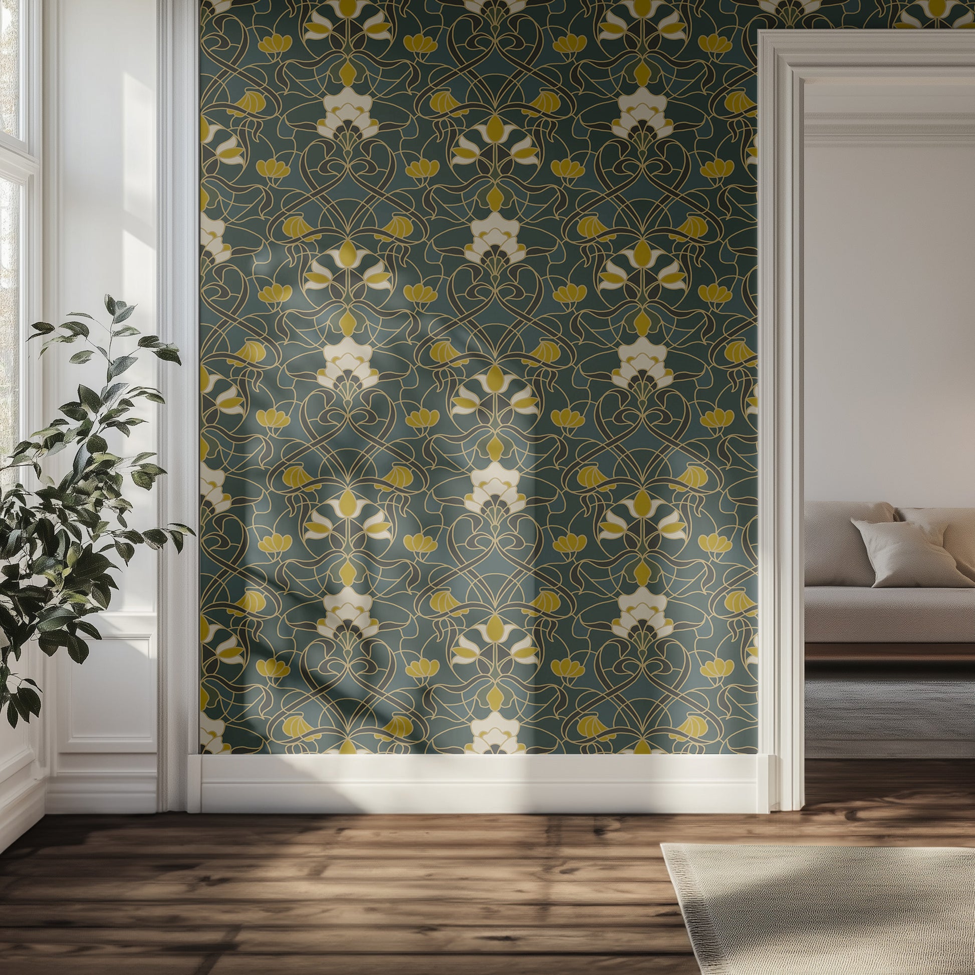 Hallway with a decorative wallpaper featuring floral pattern.