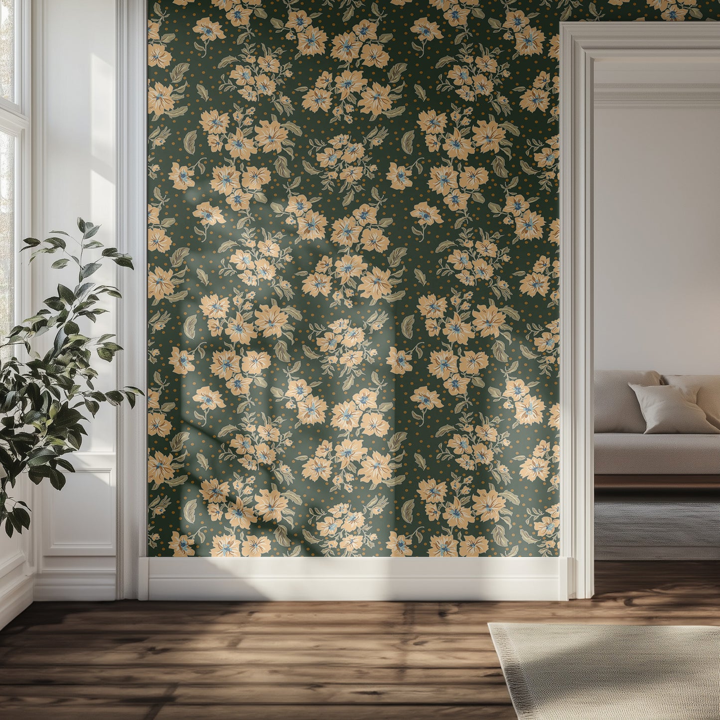 Floral wallpaper with green background in a hallway with a couch and plant.