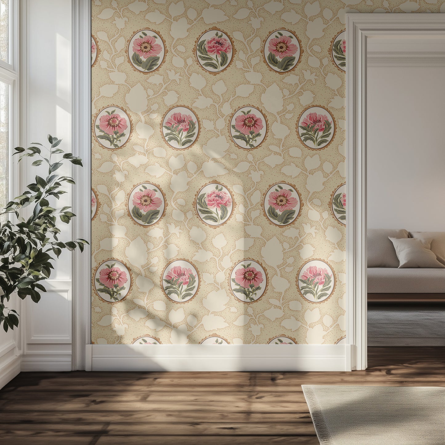 Hallway with light beige and pink floral  wallpaper, wooden floor, and a plant.