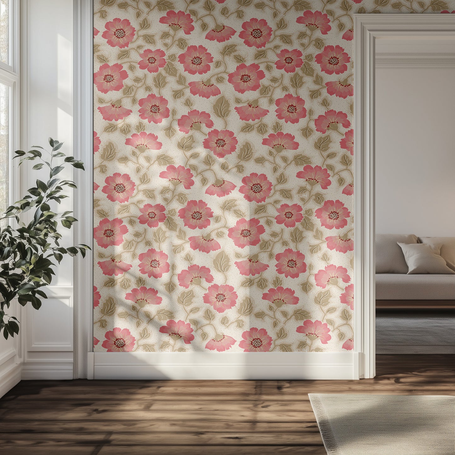 Floral wallpaper with pink flowers on a wall in a hallway and plant.
