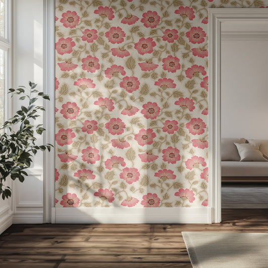 Floral wallpaper with pink flowers on a wall in a hallway and plant.