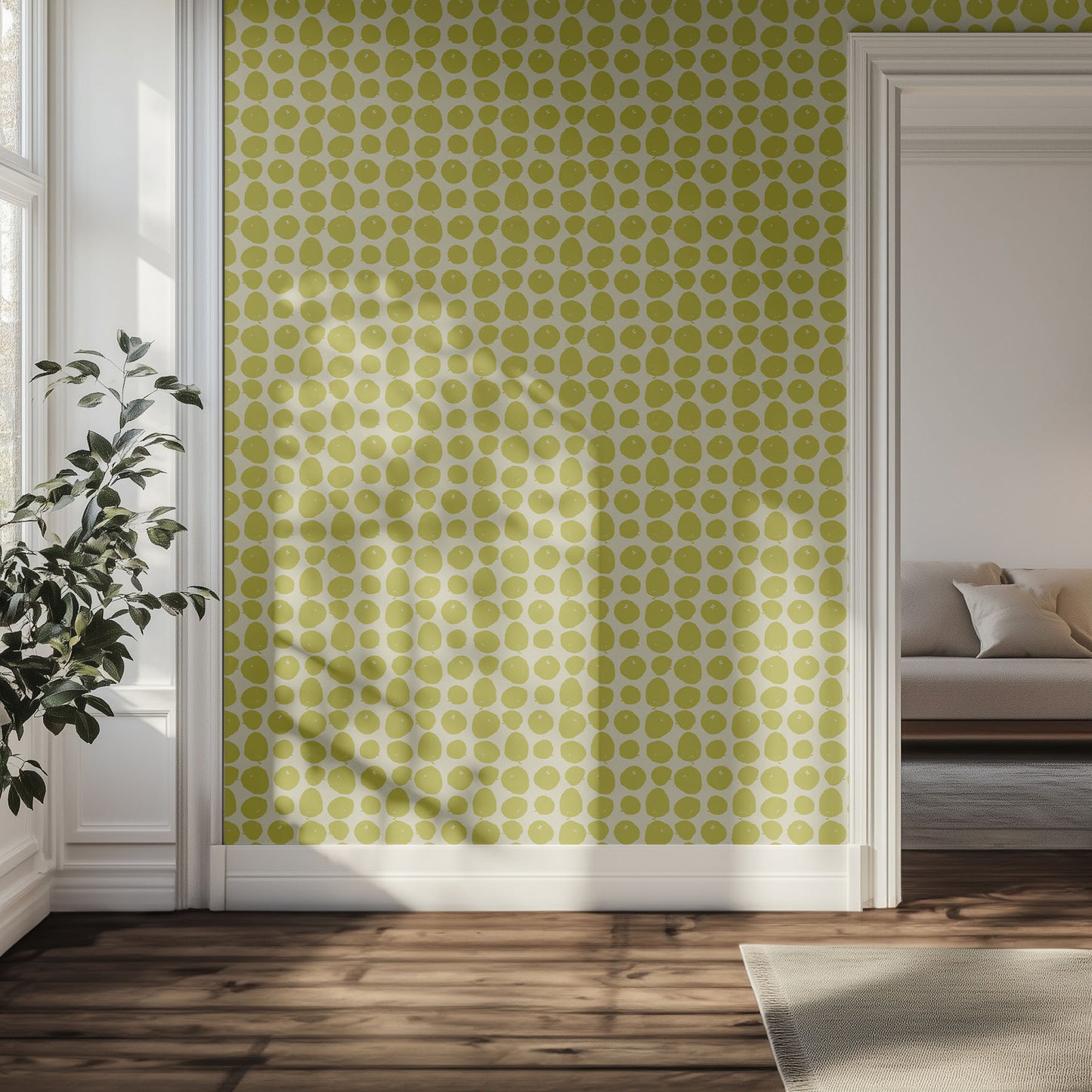 Living room with lime green patterned wallpaper and a couch.