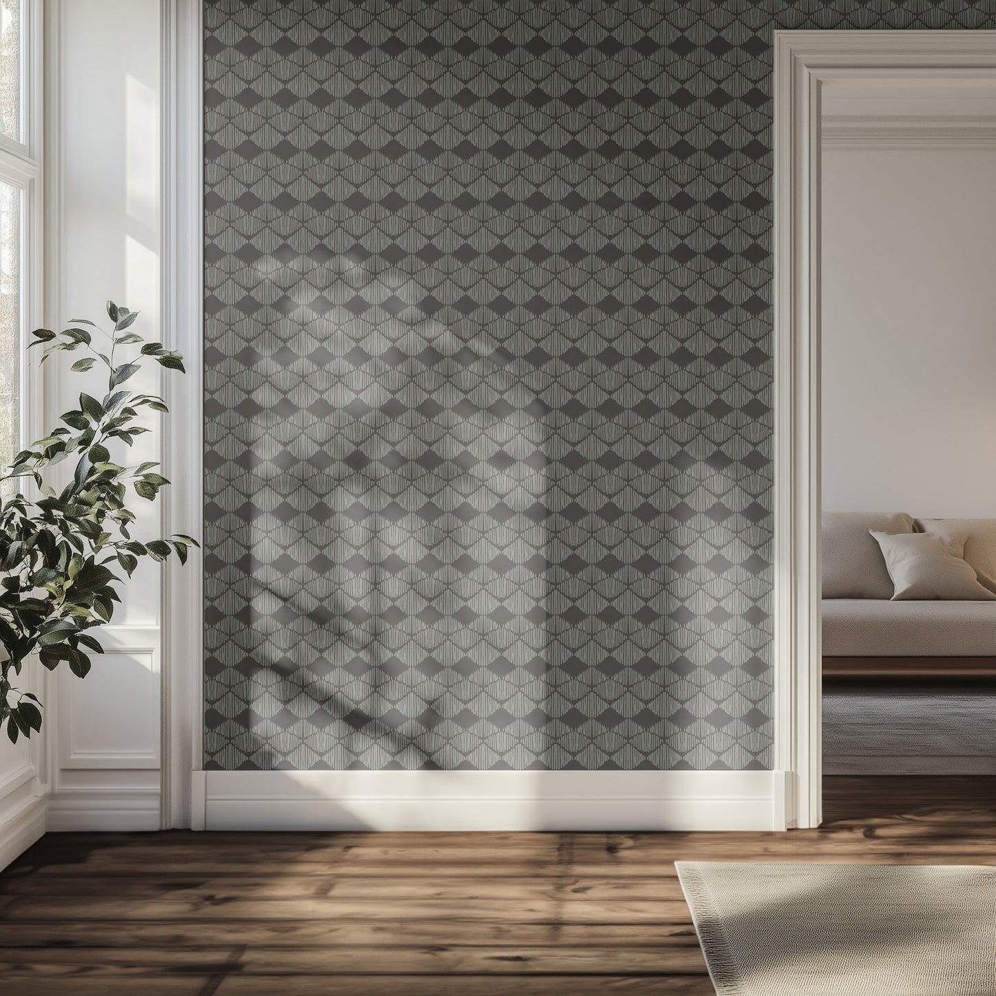 Geometric patterned wallpaper in a hallway with a plant.