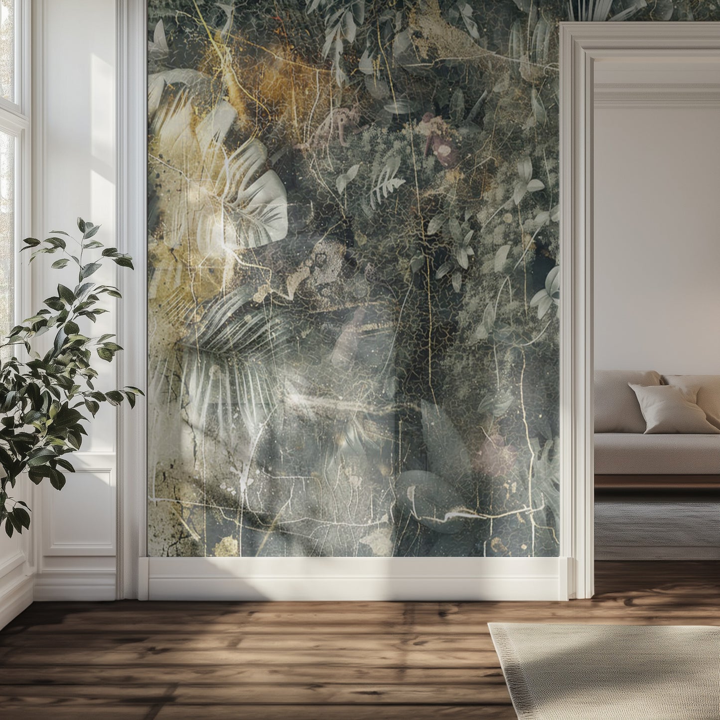 Decorative wall mural with nature-themed design in a room with a sofa and plant.