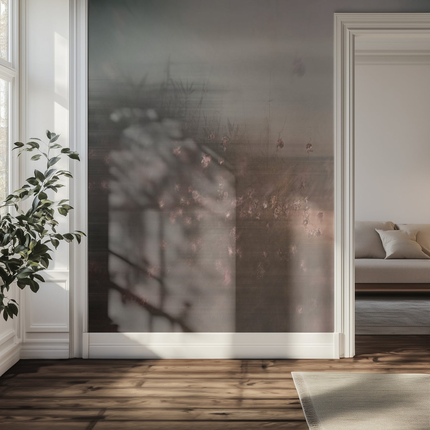 Modern interior with a wall mural showing a blurred outdoor scene.