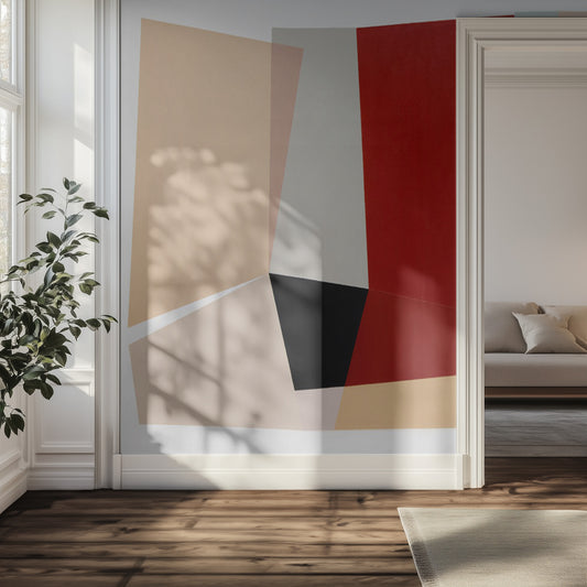 Modern interior with a midcentury abstract wall mural and a plant