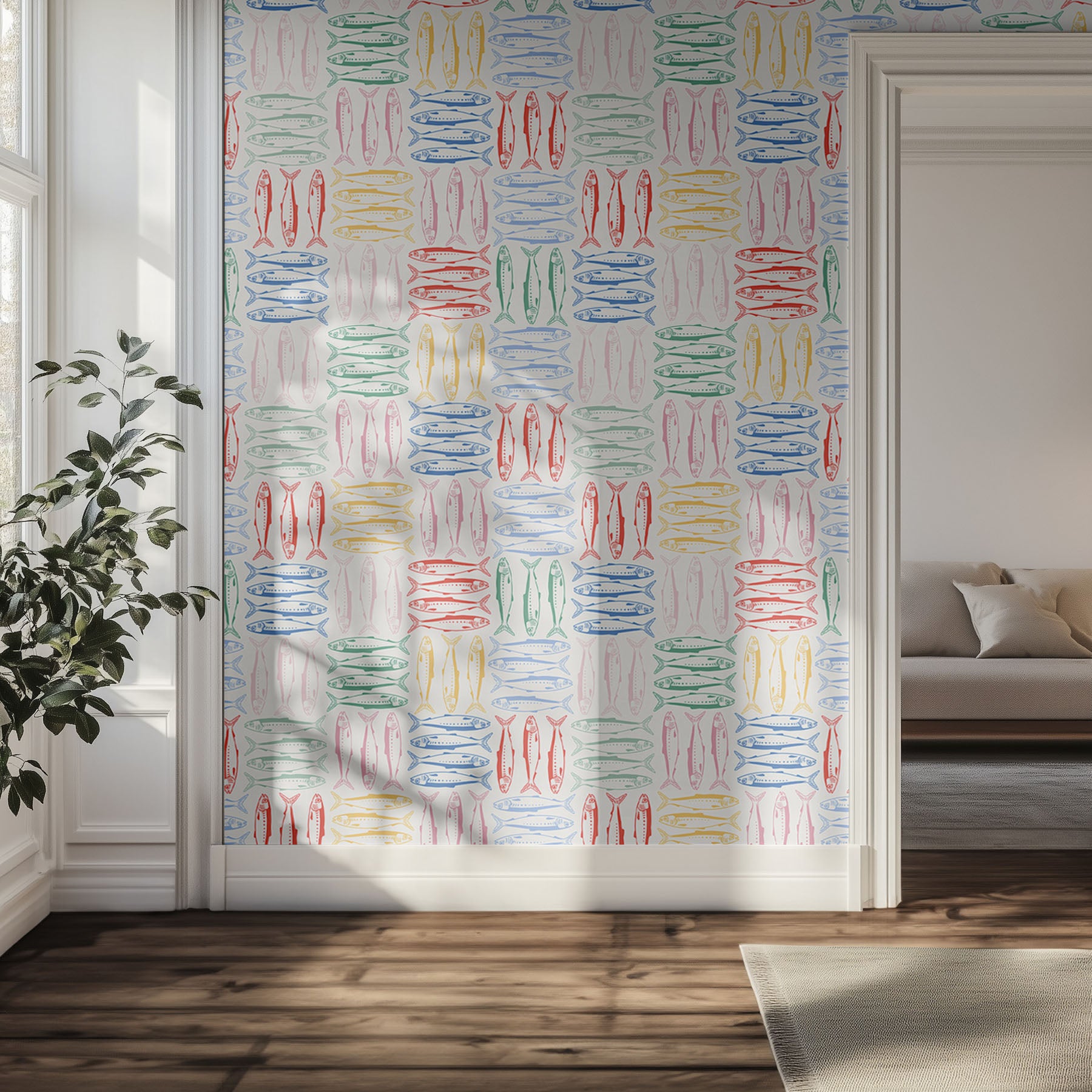 Multicolored sardine patterned hallway wall.