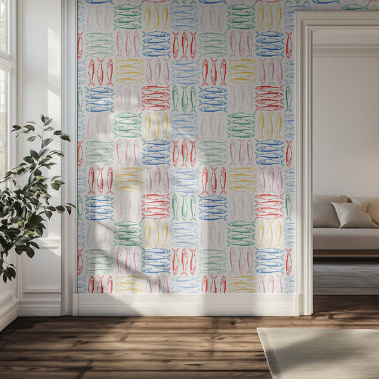 Multicolored sardine patterned hallway wall.