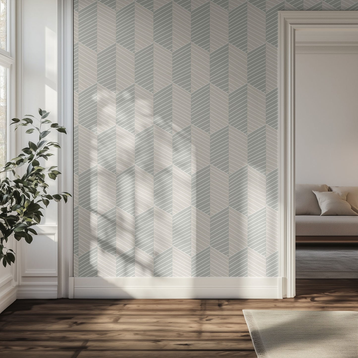 Hallway with gray and beige geometric wallpaper, plant, and sofa
