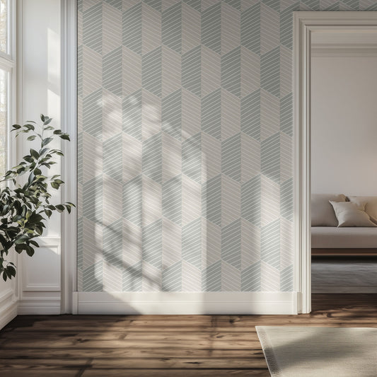 Hallway with gray and beige geometric wallpaper, plant, and sofa