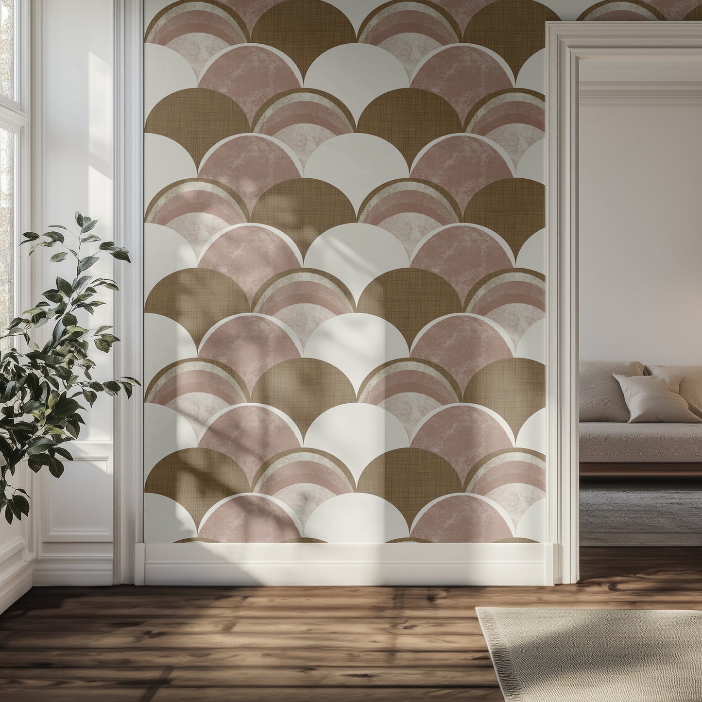 Hallway with neutral arch shaped patterned wall, plant, and sofa in the background.