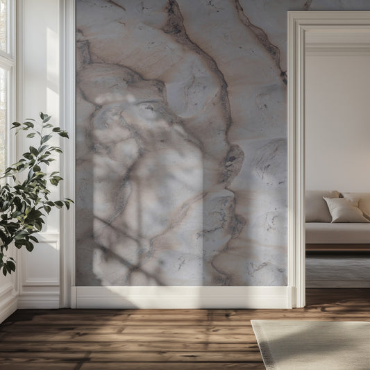 Modern interior with neutral stone wall mural and a plant