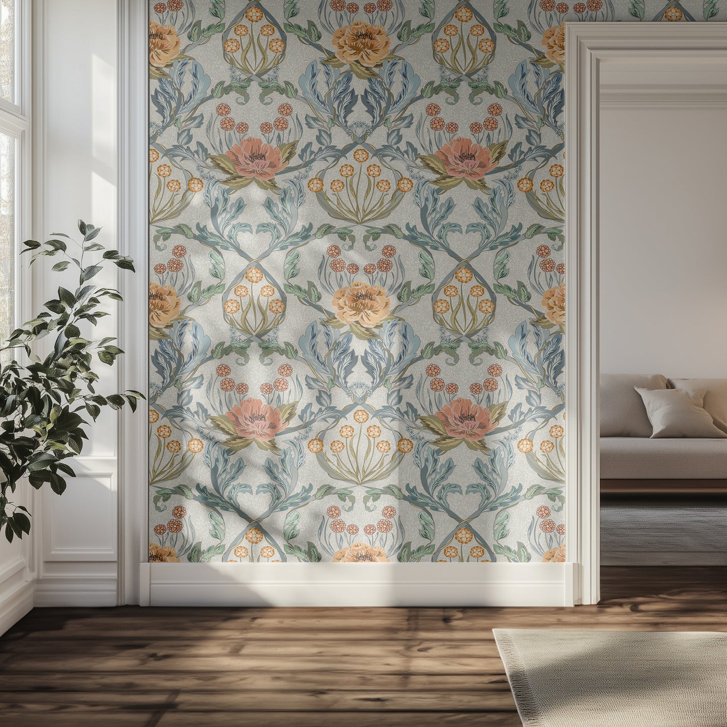 Hallway with a light colored, ornate floral wallpaper and a couch