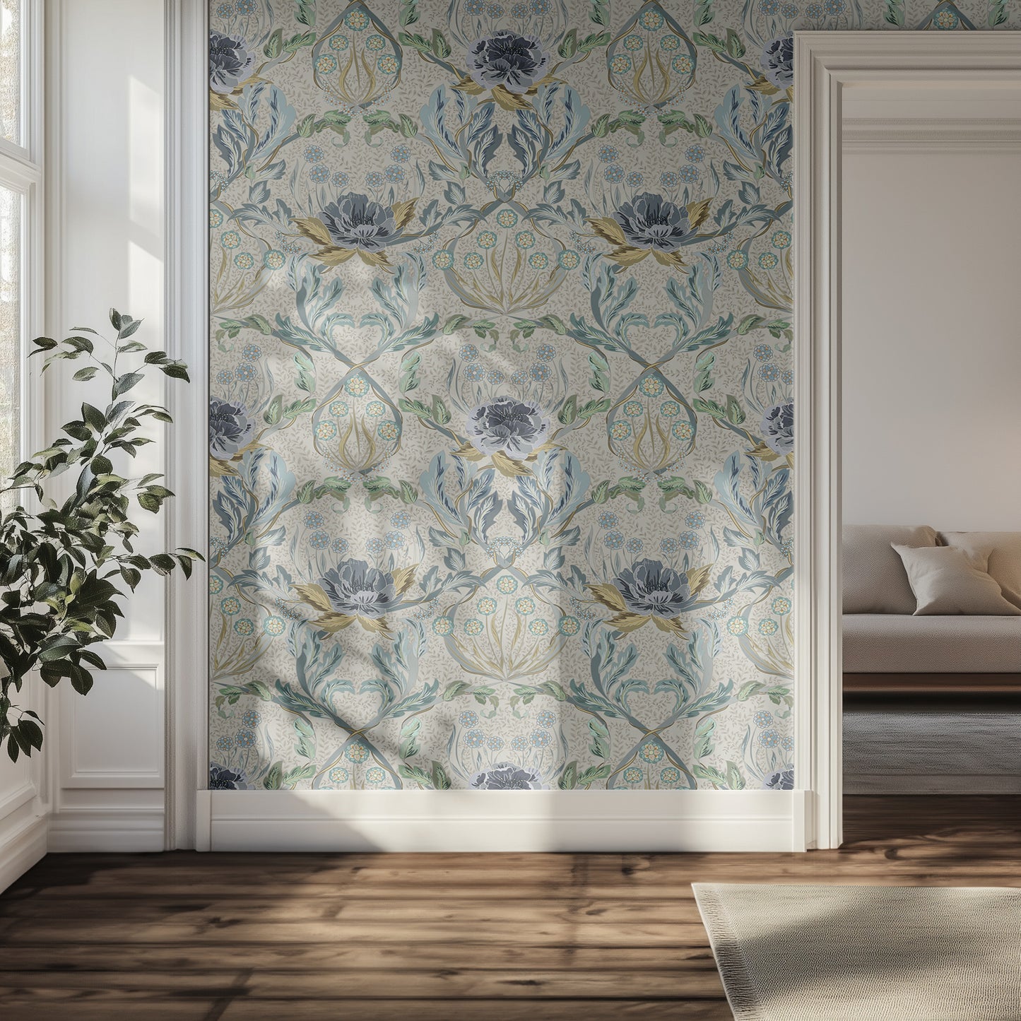 Hallway with ornate, light blue, floral wallpaper, hardwood floors, a plant by the window.