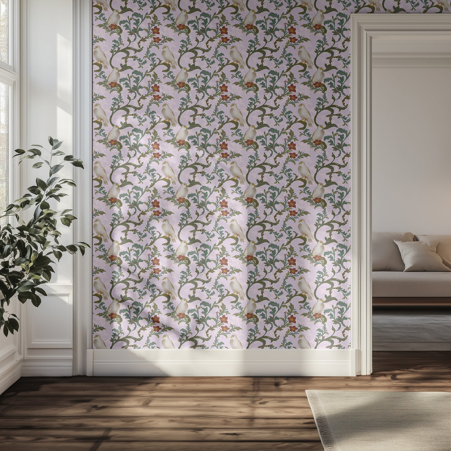 Hallway with ornate light wallpaper featuring white doves on a vintage floral design, sunlight filtering through.